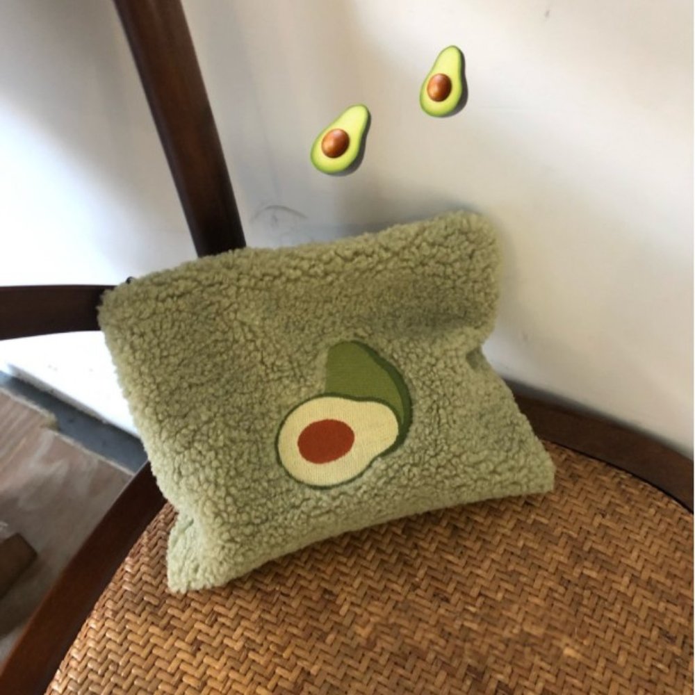 large green avocado furry cosmetic storage bag.